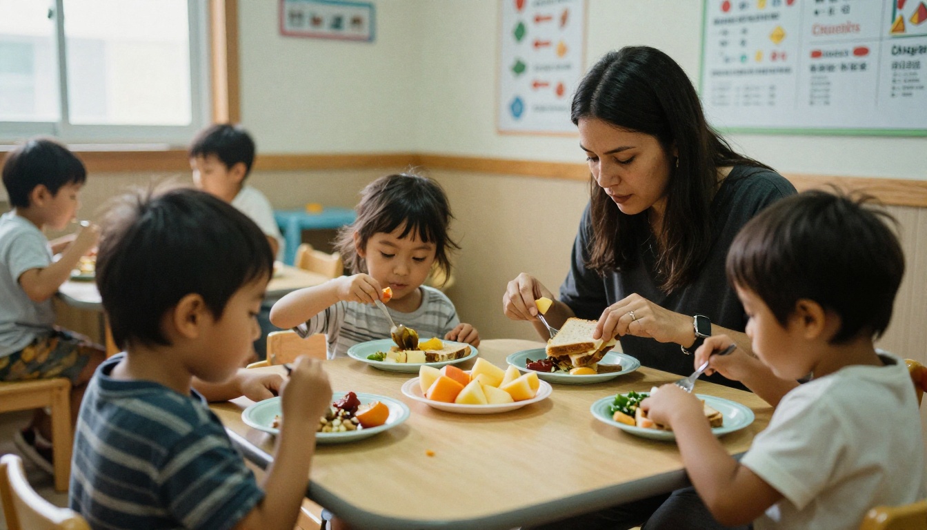 Toddlers eating lunch at a small table