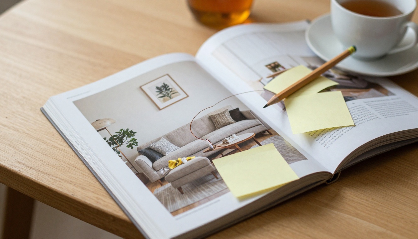 A worn printed furniture catalog open on a coffee table with sticky notes and a pencil