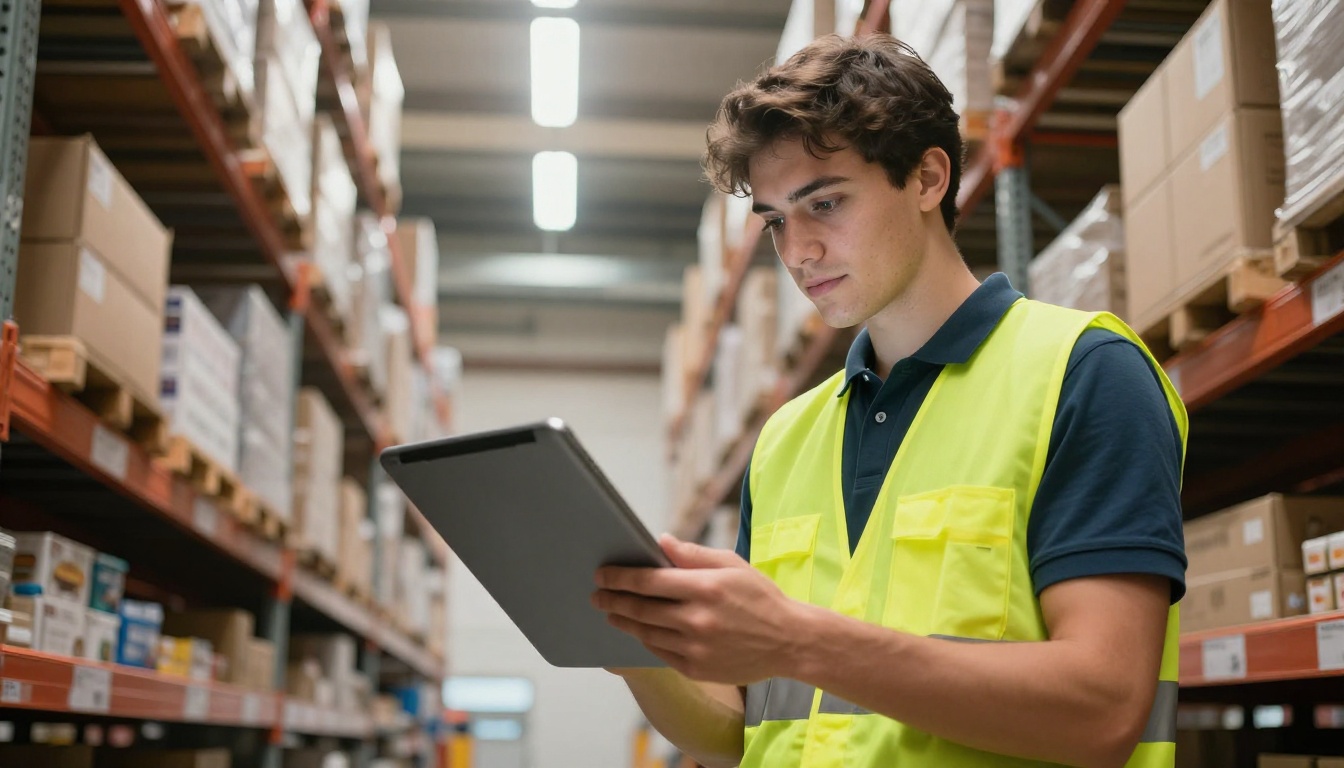 A warehouse buyer checking a digital catalog on a tablet between shelves