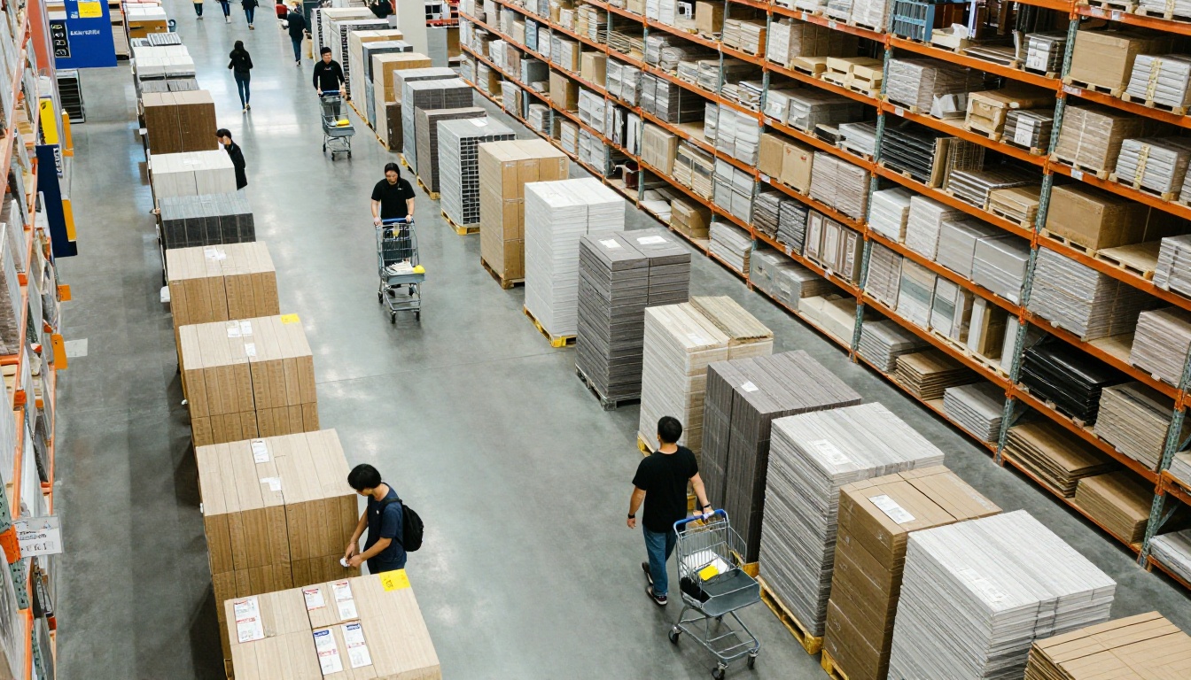 Aerial view of a large warehouse-style furniture store with shoppers and tall shelving
