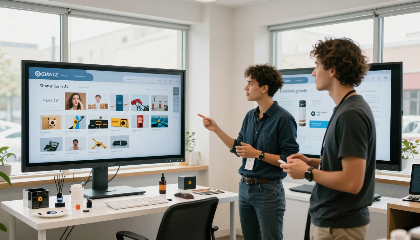 A sales manager presenting an interactive catalog on a showroom screen