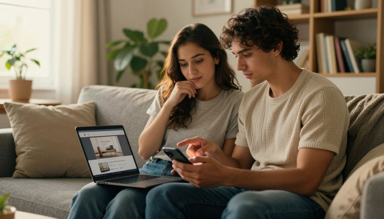 A young couple on a gray couch browsing a furniture website on a laptop and phone