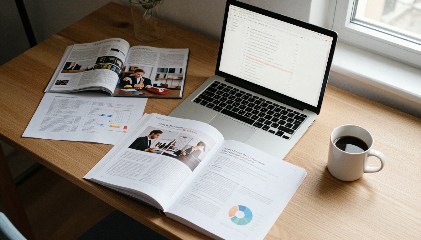 A marketer arranging printed charts, a tablet and a laptop on a wooden desk