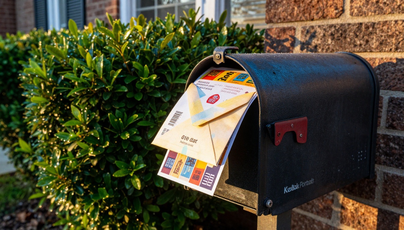A mailbox at a suburban front door with a catalog sticking out