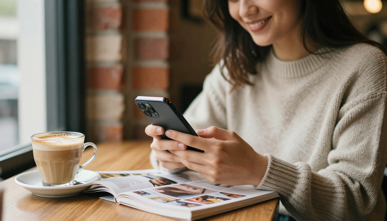 A woman in a cafe smiling while reading a digital magazine on her phone