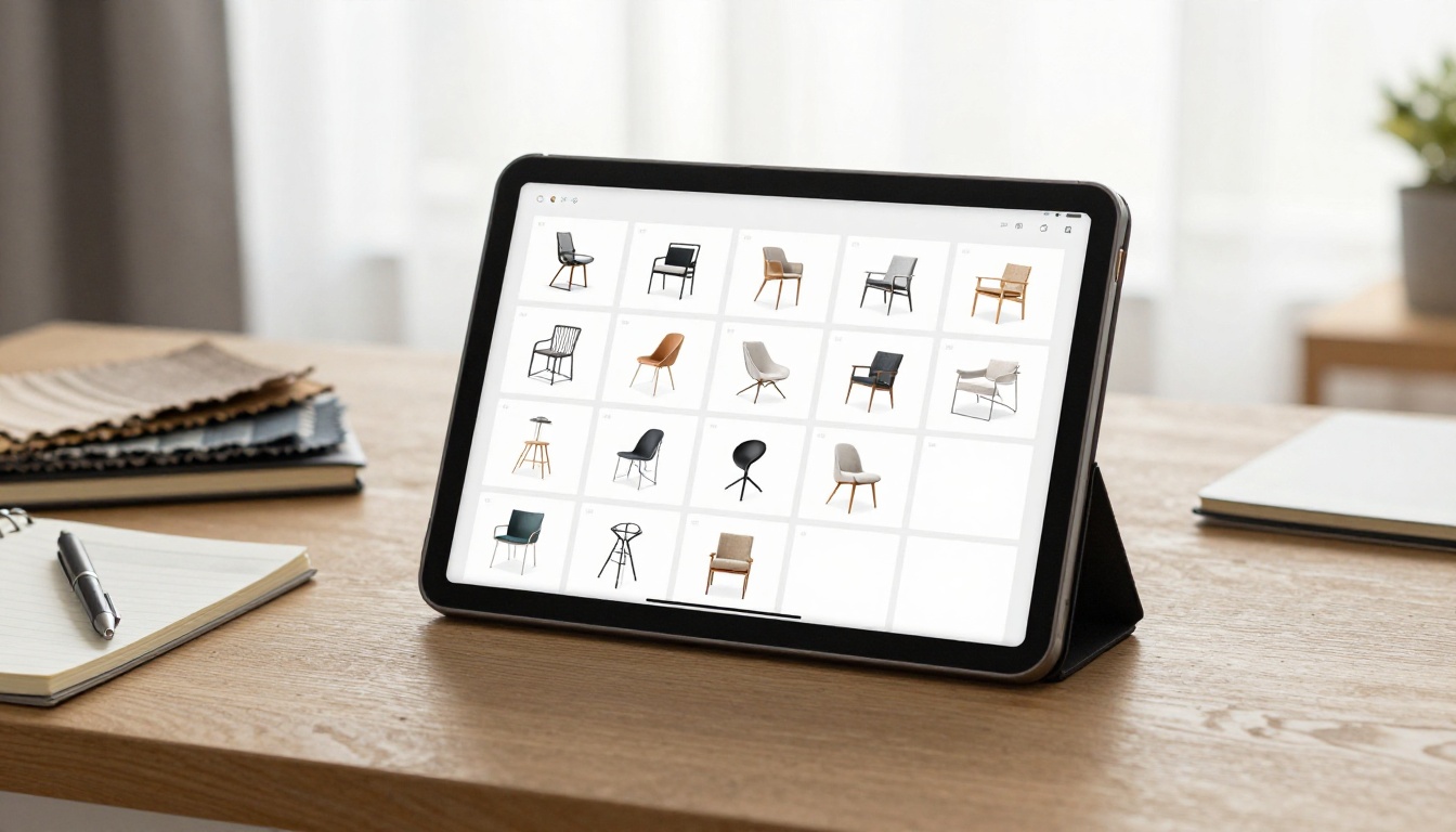 Tablet on a wooden desk showing a page-turning digital catalog of chairs next to fabric swatches
