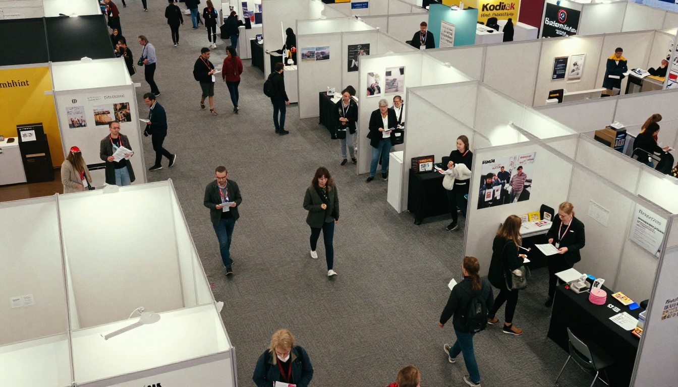 Aerial view of a busy trade show floor