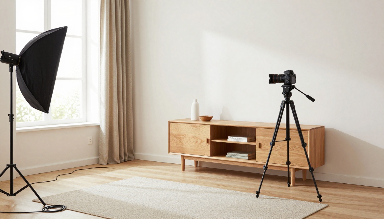 A photographer styling a Scandinavian living room for a furniture product shoot