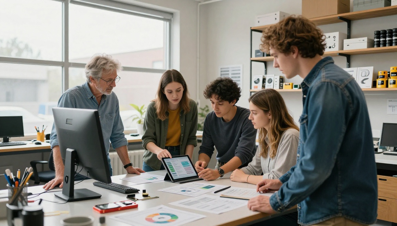 A cross-generational team reviewing a catalog and analytics together