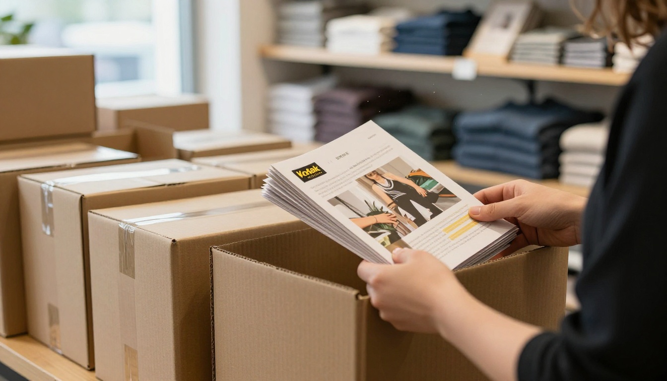 A boutique owner packing printed lookbooks into boxes