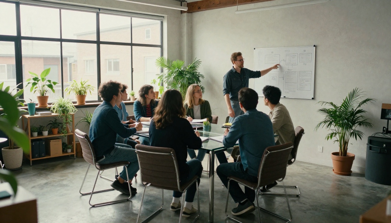 A small team meeting around a glass table in a sunlit loft office
