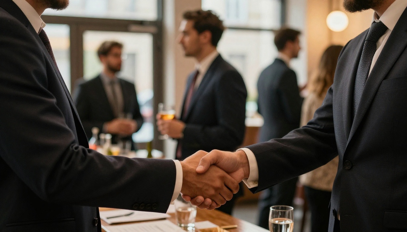 Business professionals shaking hands at a networking reception