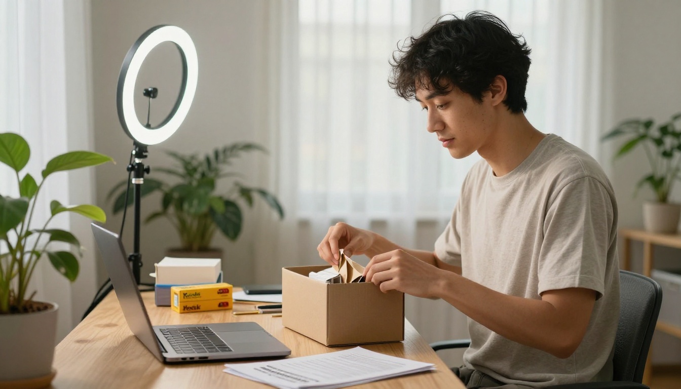A young entrepreneur preparing product samples next to a laptop with a catalog open