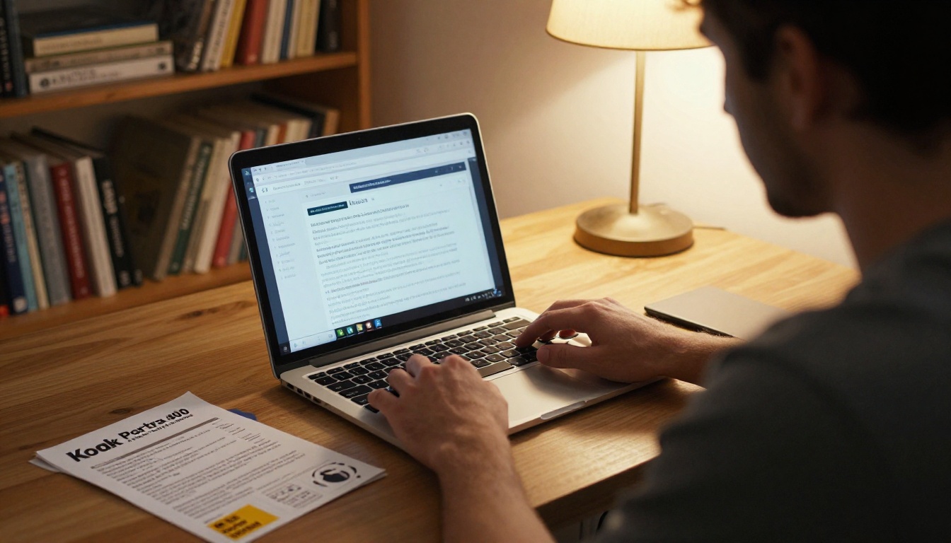 A man reviewing an email newsletter with a postcard beside his keyboard