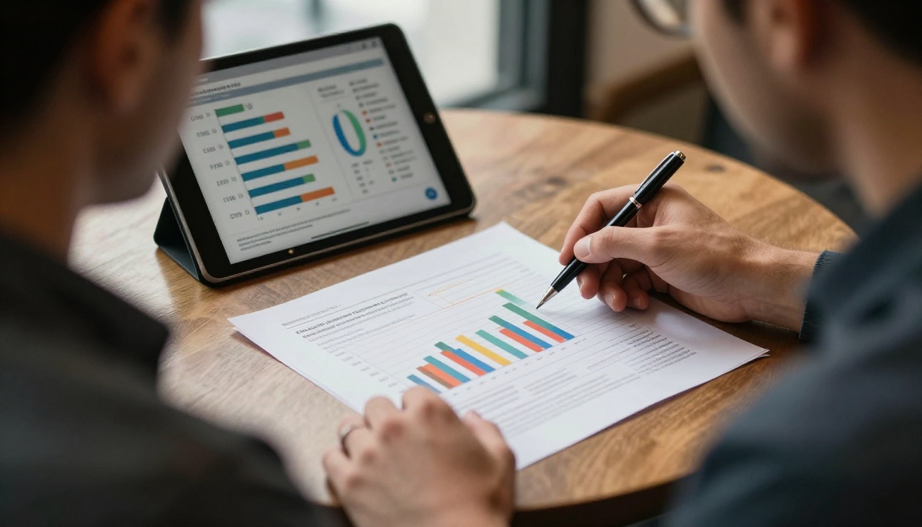 A man reviewing a printed analytics report with colored bar charts in a cafe