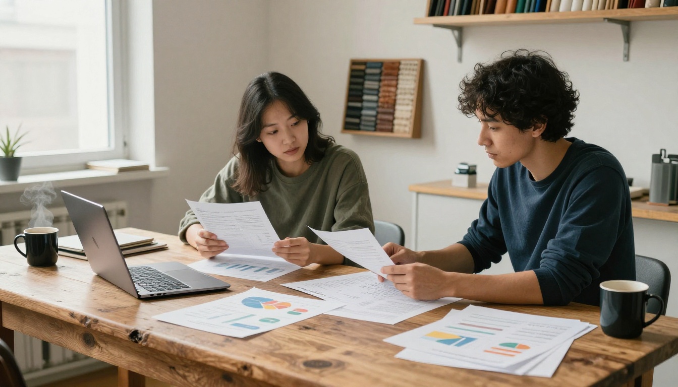 Two retail partners reviewing sales charts and a laptop at a reclaimed wood table