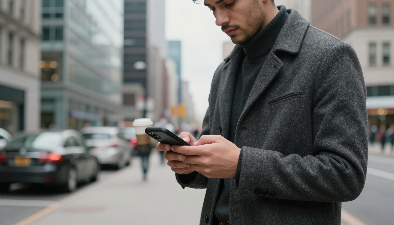 A buyer checking a catalog on a phone while walking through a city