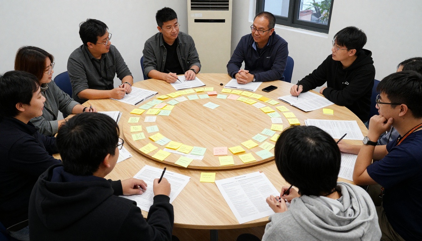 Small workshop roundtable with colleagues and sticky notes