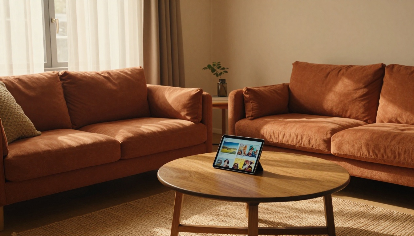 A cozy finished living room with a terracotta sofa, oak coffee table and a tablet showing a flipbook
