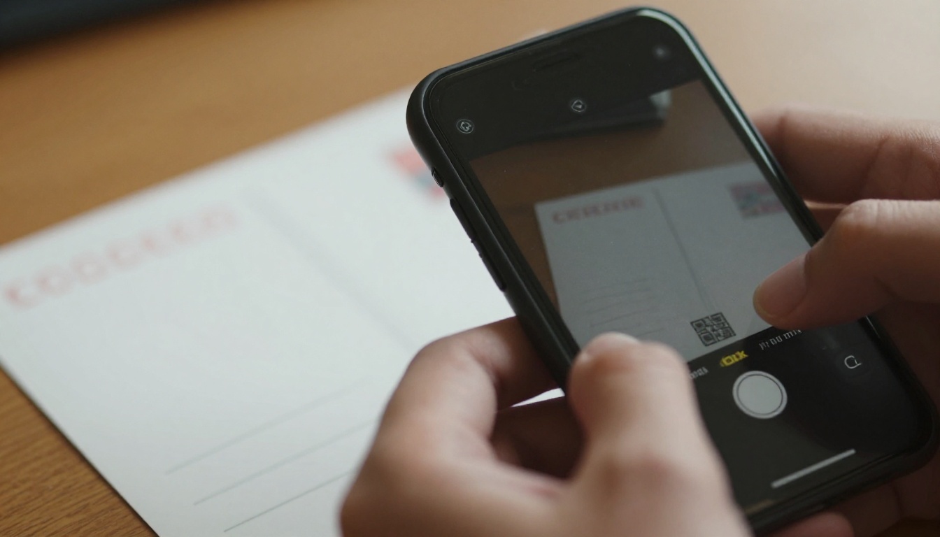 A hand scanning a printed postcard with a phone