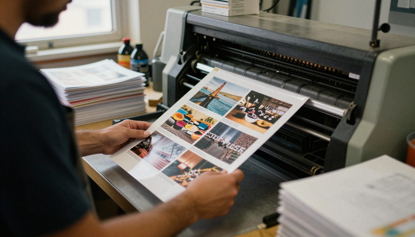 A print shop worker checking freshly printed catalog sheets