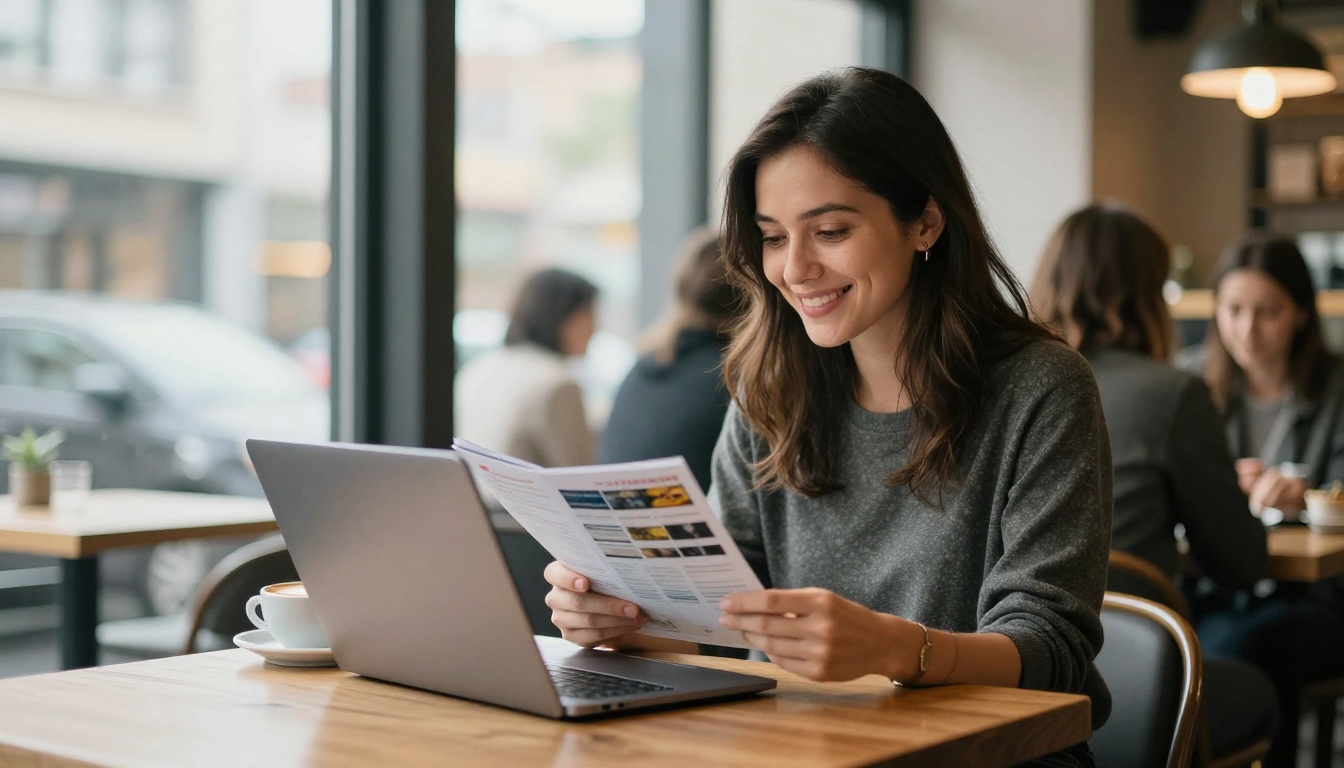 A woman smiling with a catalog and laptop at a cafe table