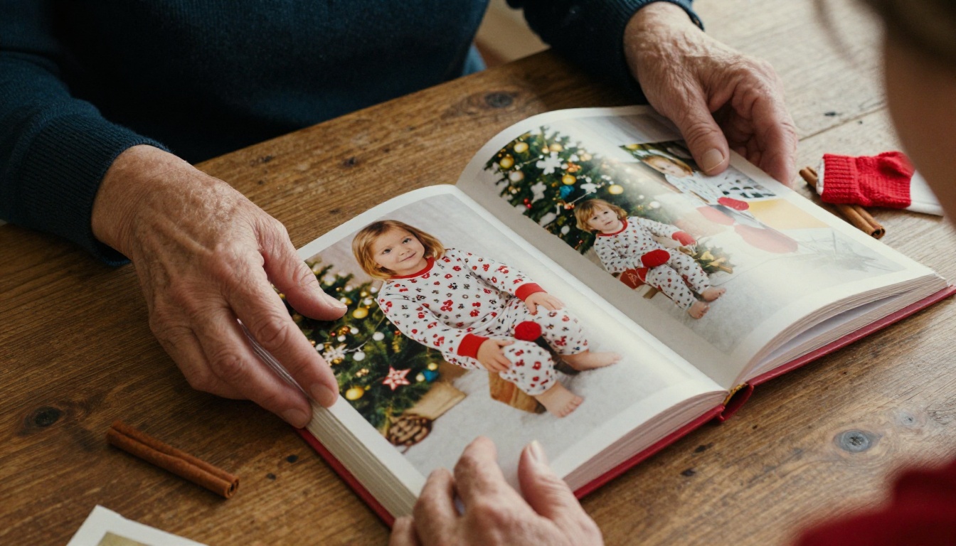 A grandmother turning the pages of a Christmas photo book on an oak table A grandmother turning the pages of a Christmas photo book on an oak table