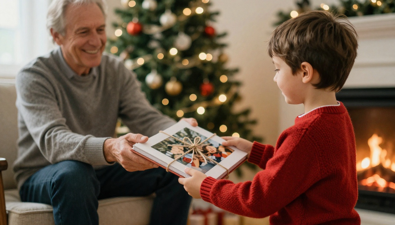 A child handing a wrapped photo book to a smiling grandfather beside the Christmas tree A child handing a wrapped photo book to a smiling grandfather beside the Christmas tree