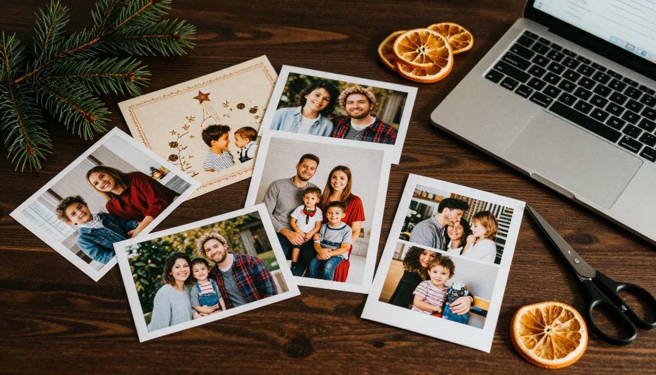A flat lay of printed family photos, a Christmas card and a laptop on a walnut desk A flat lay of printed family photos, a Christmas card and a laptop on a walnut desk