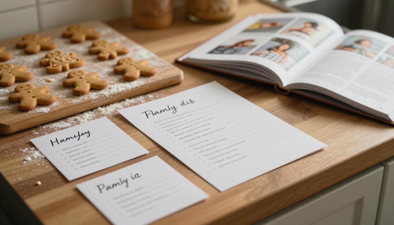 Handwritten family recipe cards beside gingerbread cookies and an open recipe photo book Handwritten family recipe cards beside gingerbread cookies and an open recipe photo book