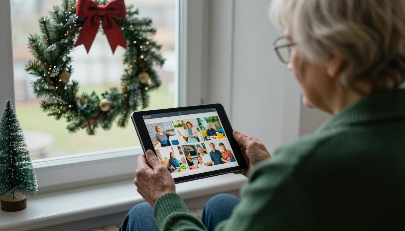 A grandmother in a green cardigan viewing a page-turning flipbook of family photos on a tablet A grandmother in a green cardigan viewing a page-turning flipbook of family photos on a tablet