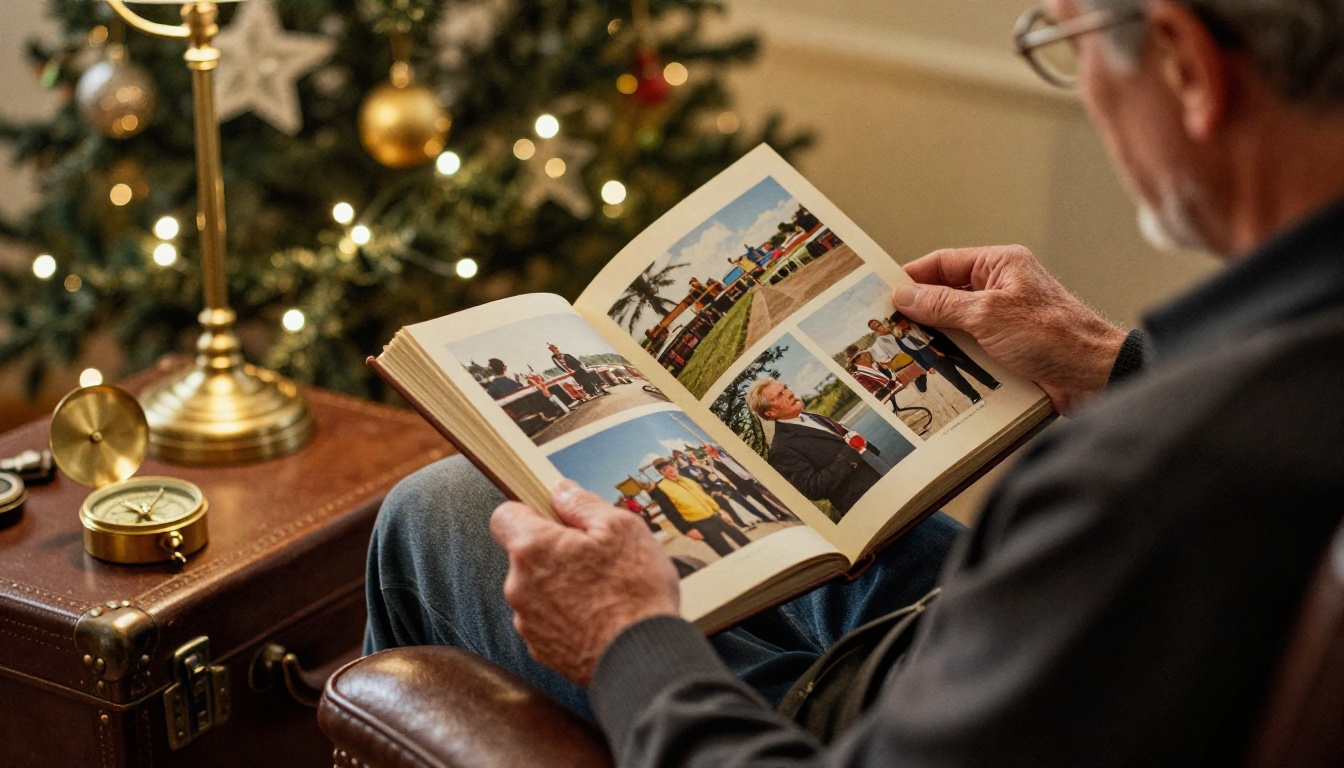 A grandfather in a leather armchair reading a photo book of his travel memories A grandfather in a leather armchair reading a photo book of his travel memories
