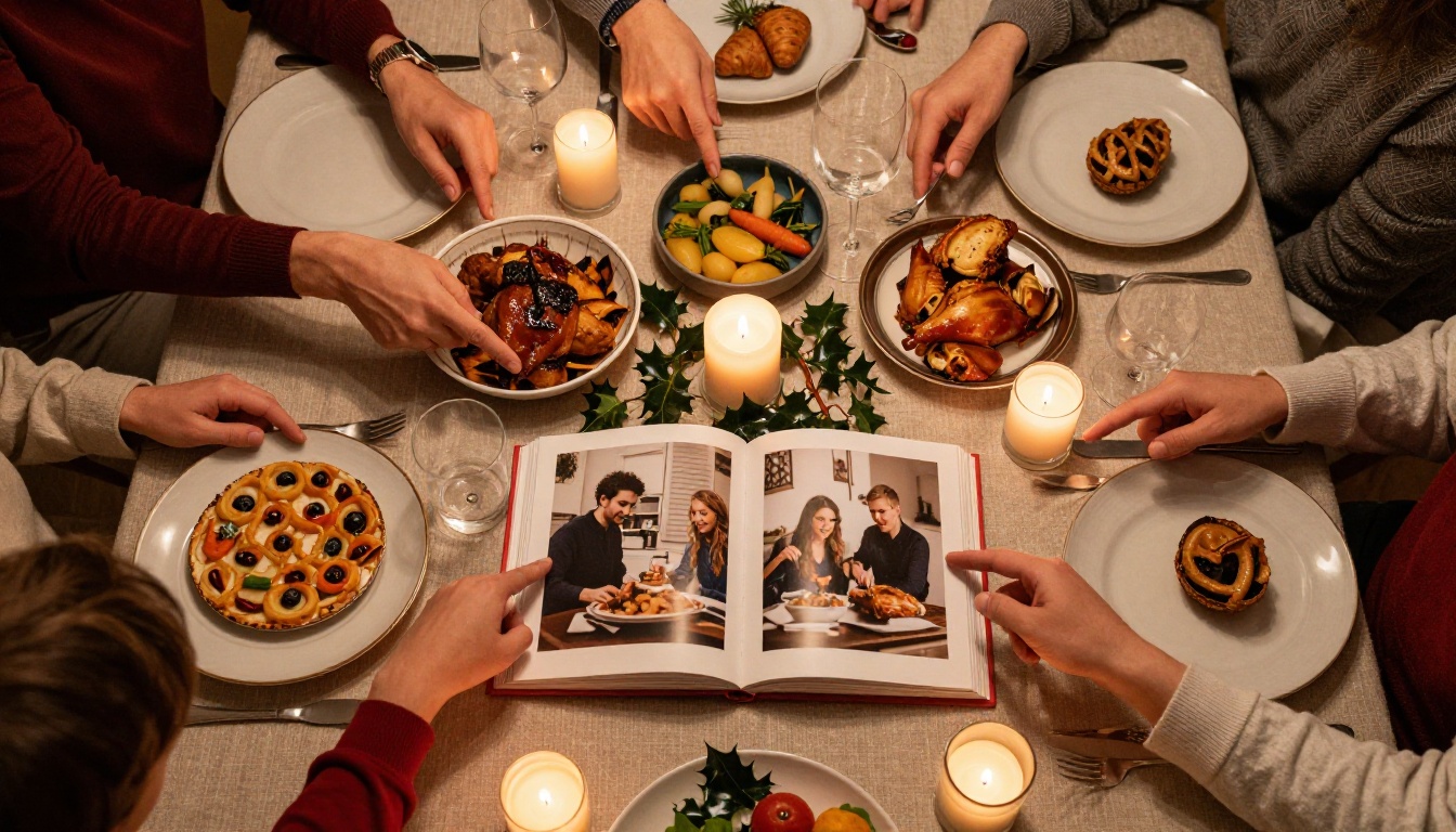 An extended family around a Christmas dinner table with a photo book open at the center An extended family around a Christmas dinner table with a photo book open at the center