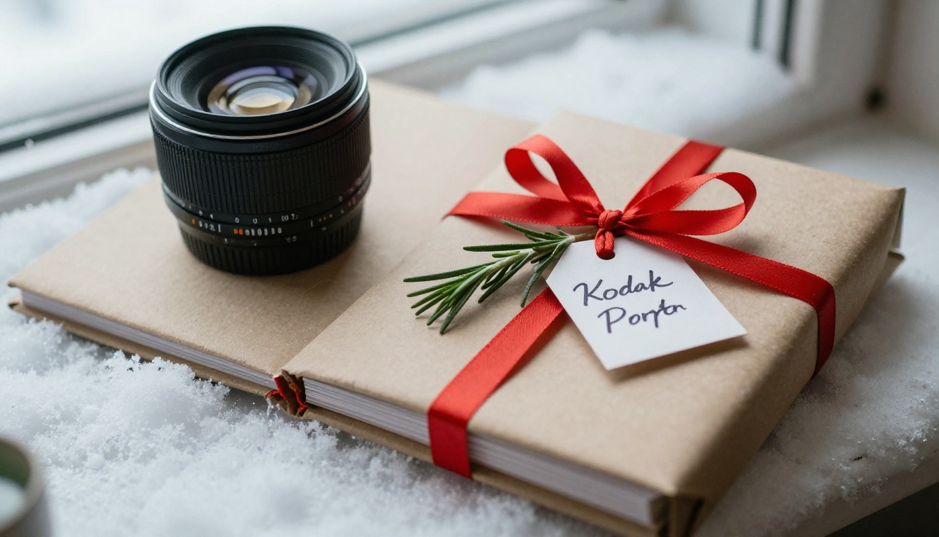 A kraft paper wrapped photo book with a red ribbon on a snowy windowsill A kraft paper wrapped photo book with a red ribbon on a snowy windowsill