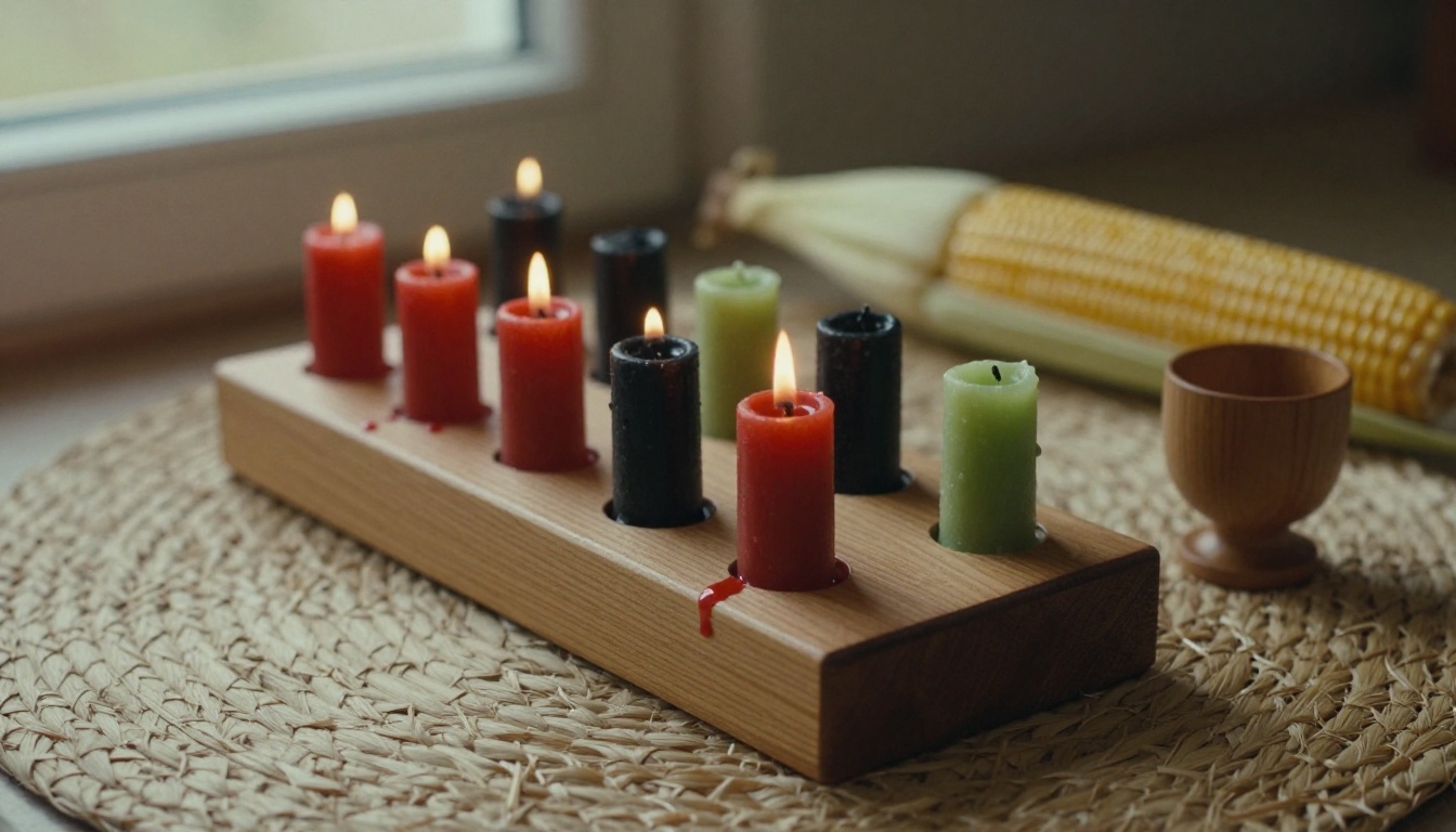 Overhead view of a wooden kinara with seven red, black and green candles on a woven mat