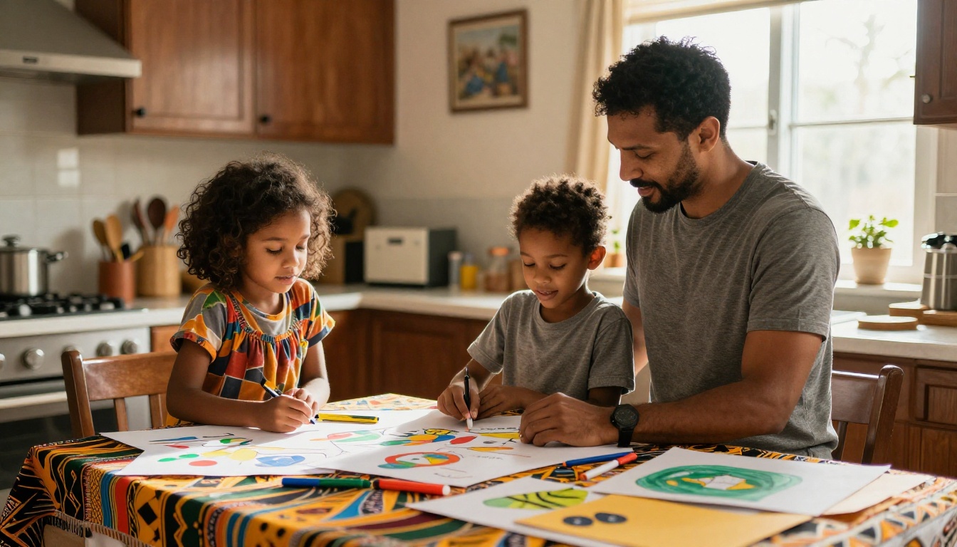 A father and two children holding hands around a kitchen table covered in craft paper