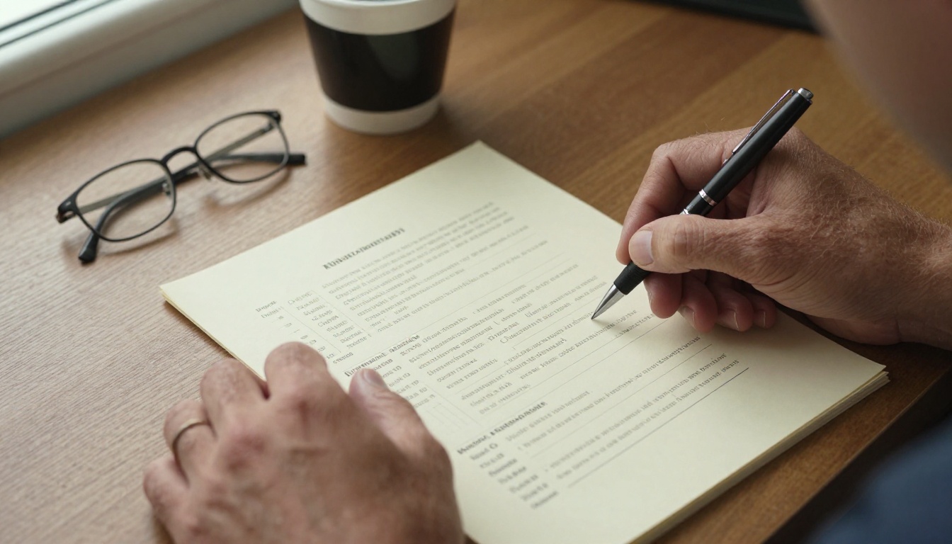Dad's hands filling in a questionnaire at a walnut desk