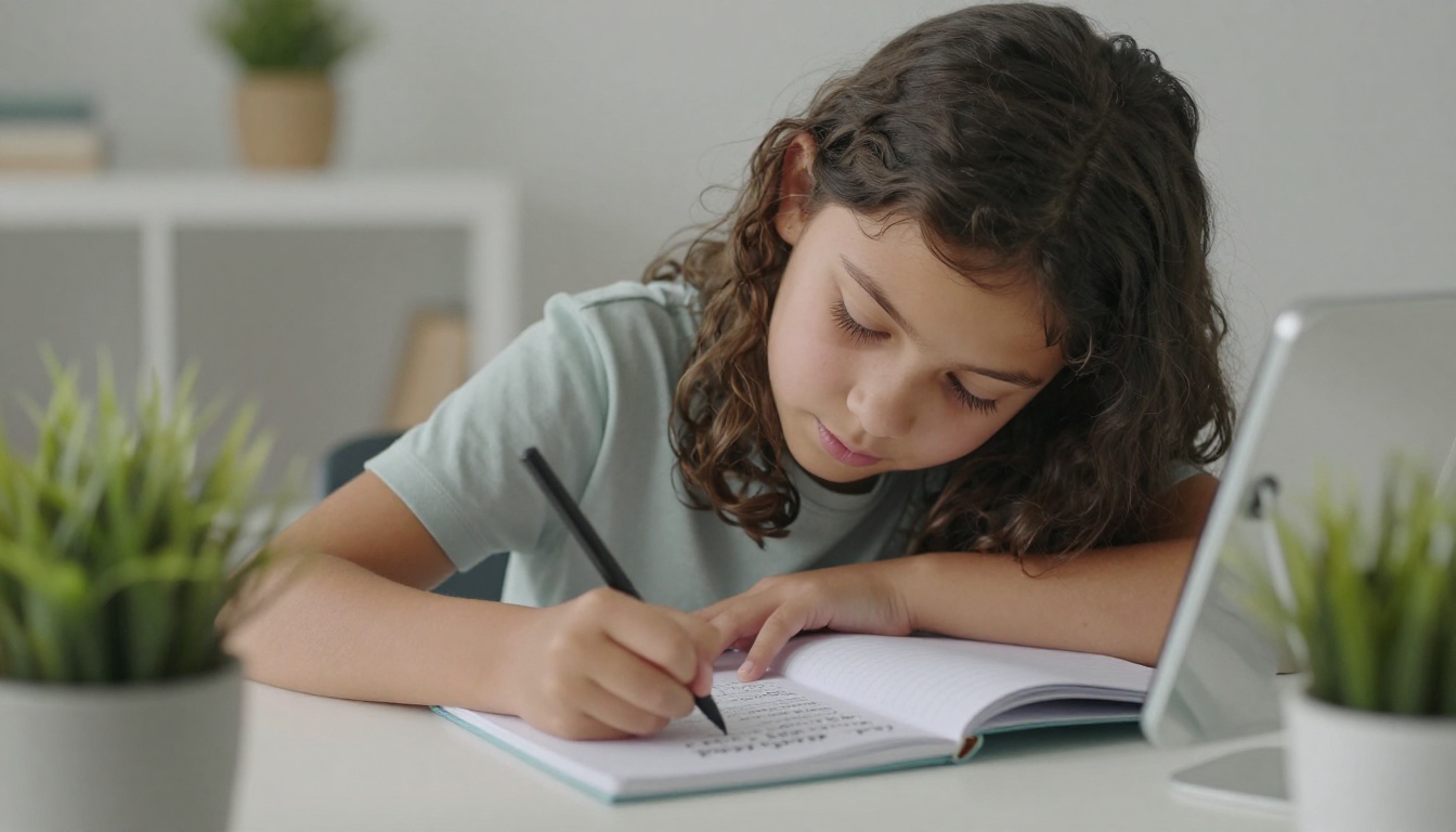 A young girl writing affirmations in a journal beside a mirror and a small plant
