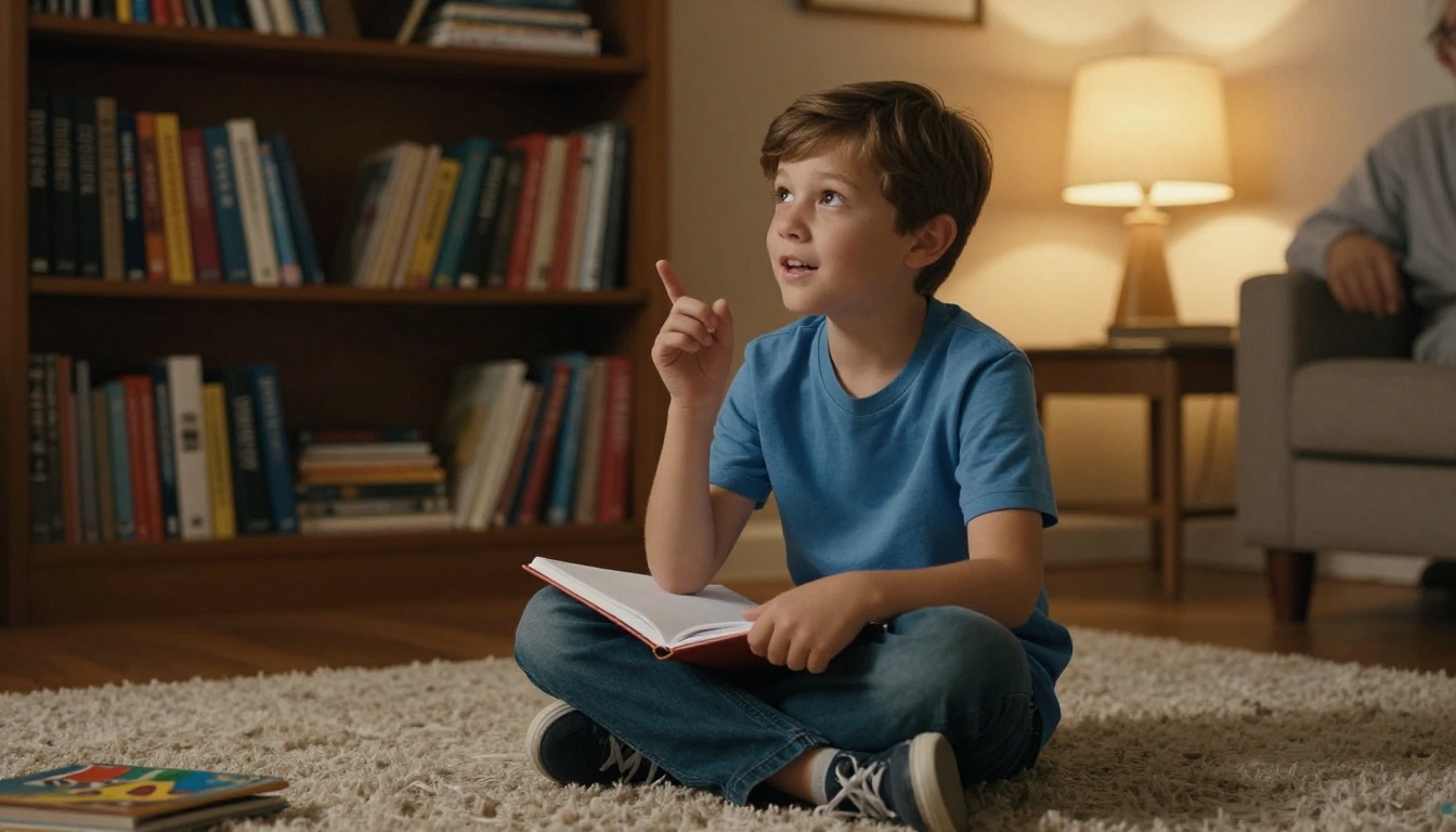 A young boy interviewing his grandfather on a living room rug