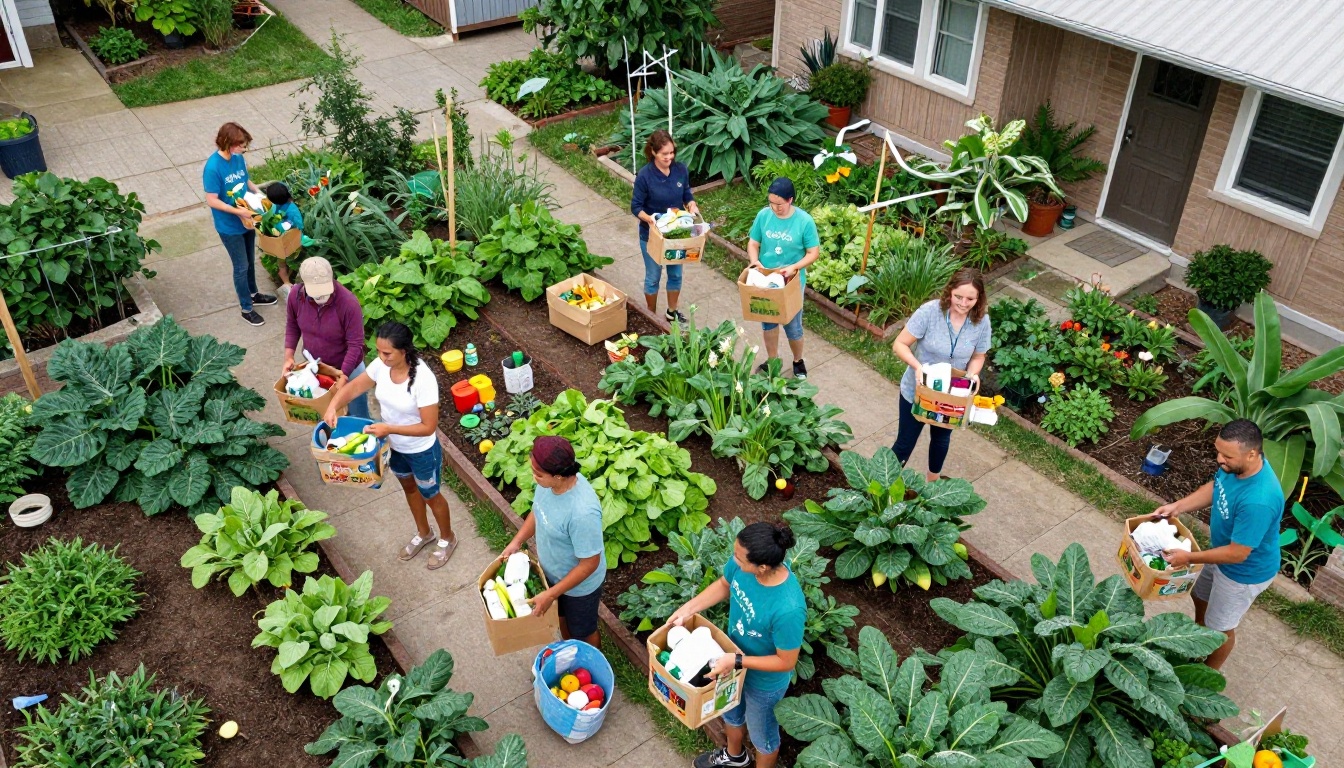 An aerial view of neighbors packing food baskets and tending a shared garden