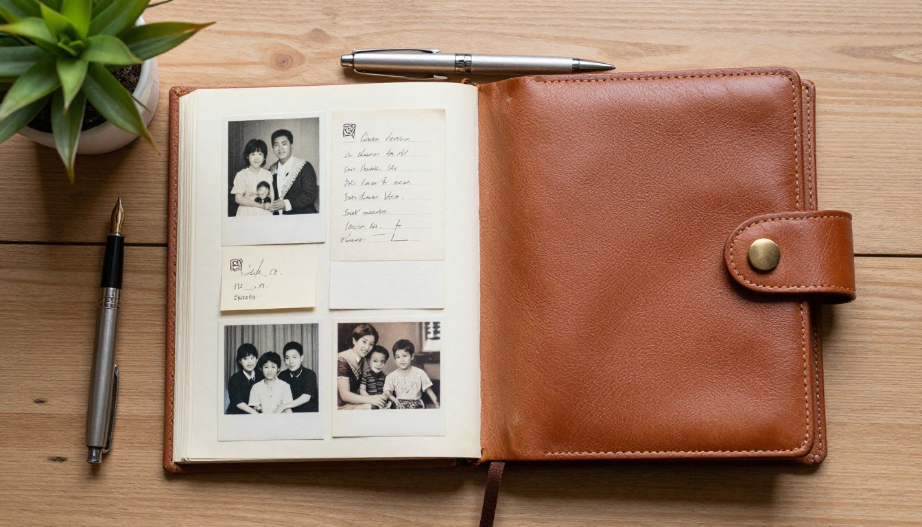 Overhead view of family photos, index cards and a leather-bound book on a table