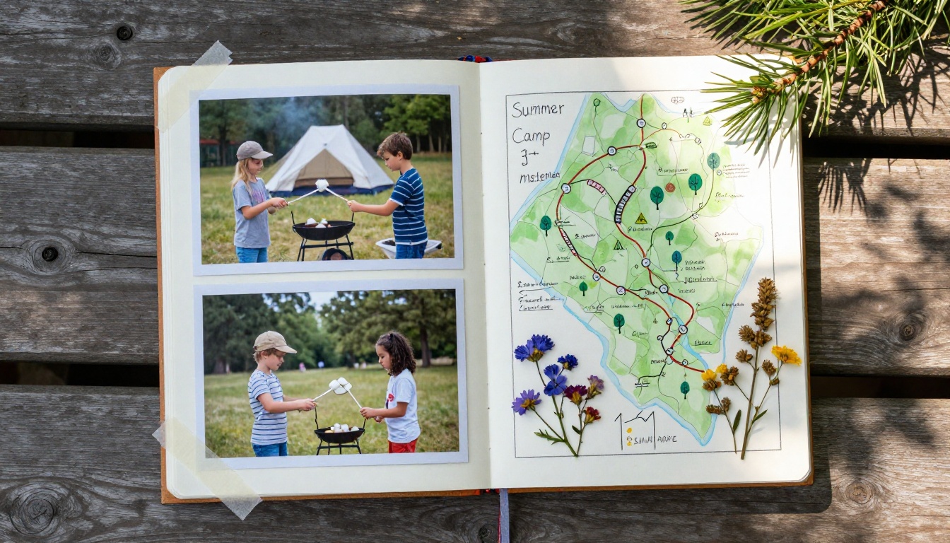 A group of campers laughing over a scrapbook on a wooden dock