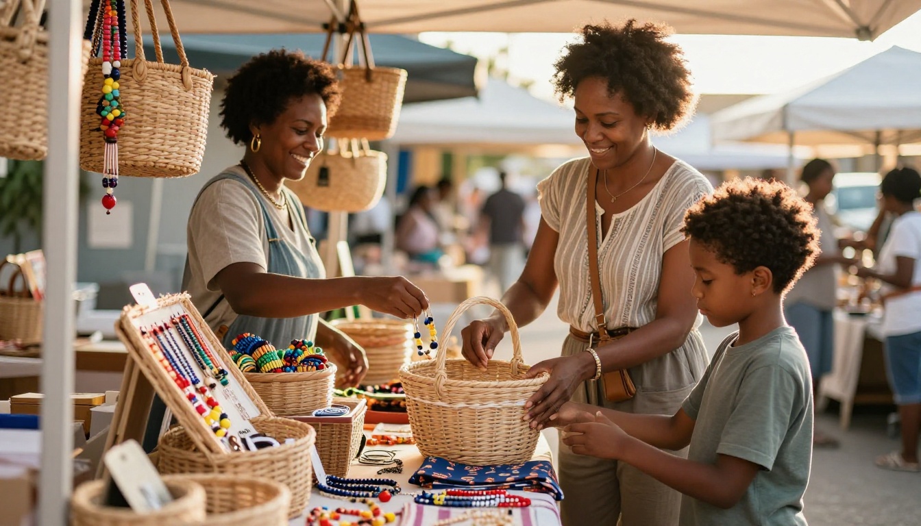 A mother and her son buying a woven basket from a smiling shopkeeper at a neighborhood market