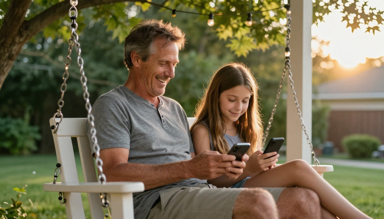 Father laughing on a porch swing while his teenage daughter reads a question aloud
