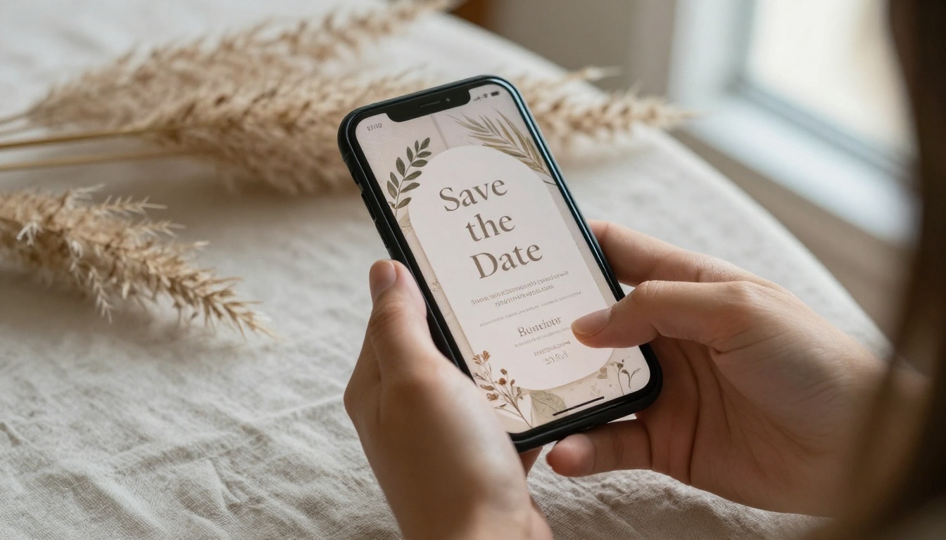 Woman's hands holding a smartphone showing an ivory save the date page