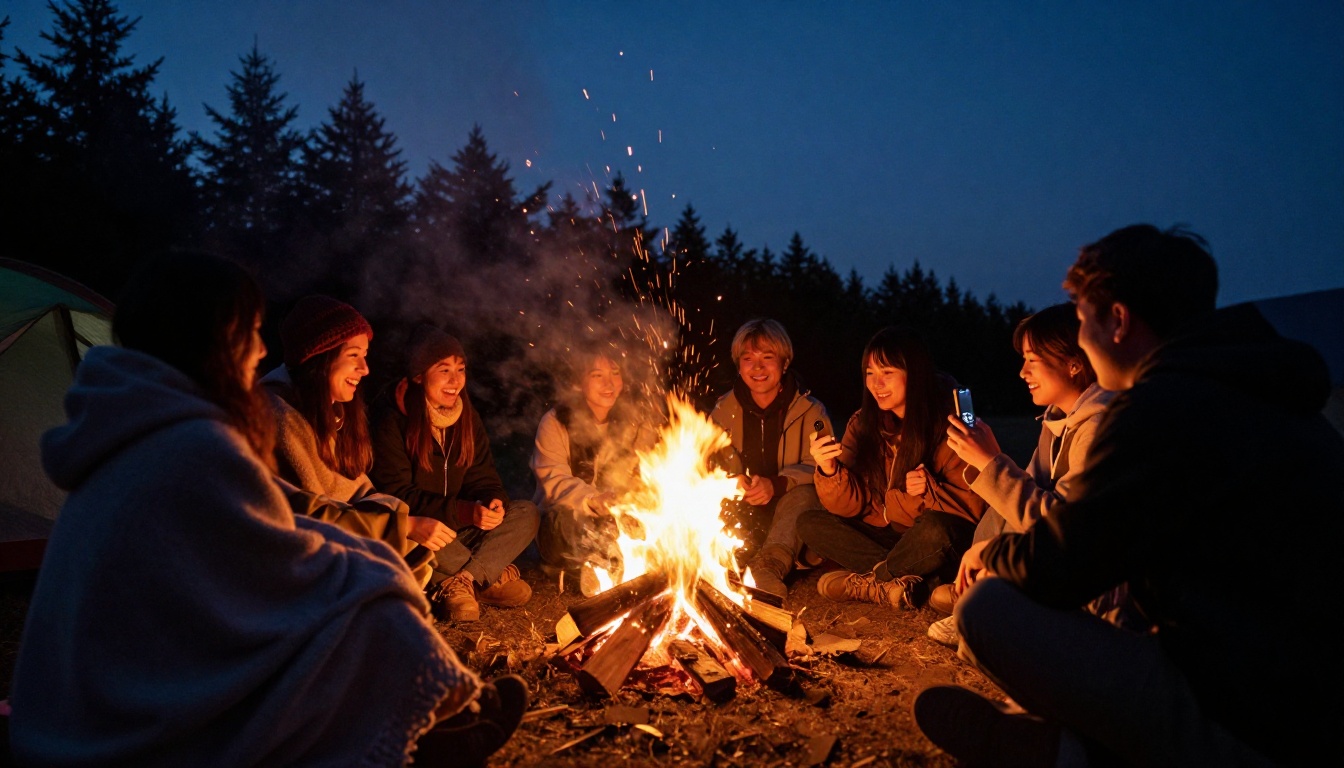 Campers around a glowing campfire at dusk