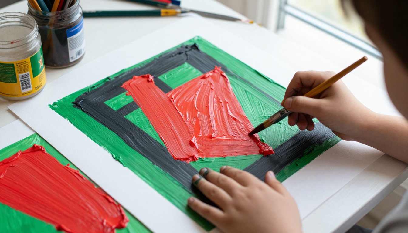 Children's hands painting a bold geometric pattern in red, black and green