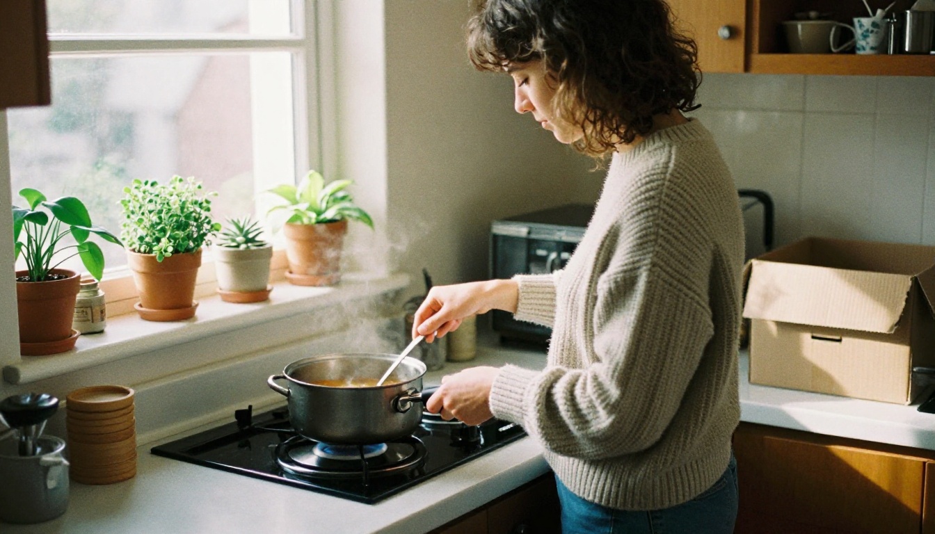 A young woman stirring soup in a small sunlit apartment kitchen A young woman stirring soup in a small sunlit apartment kitchen