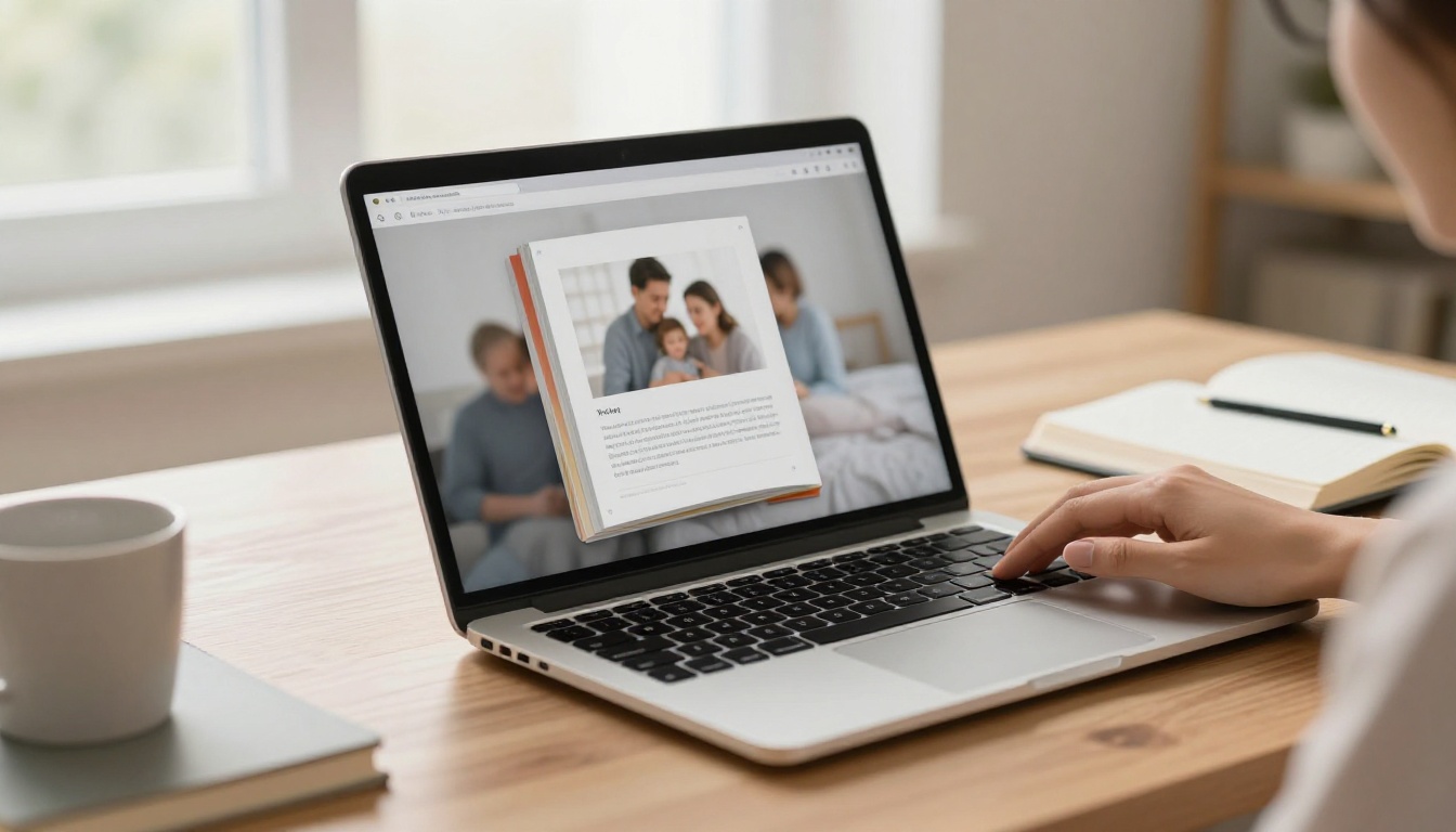 A laptop showing a page-turning digital book of family photos