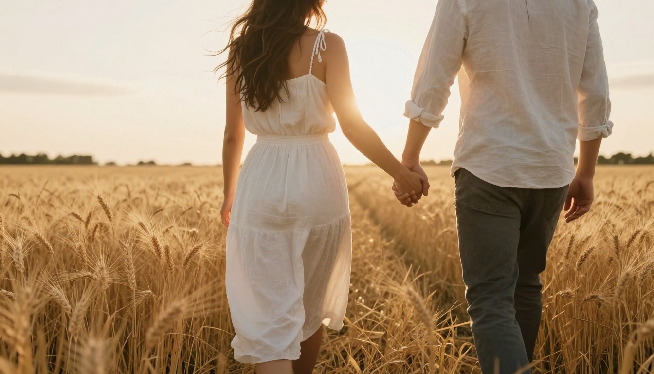 Couple walking through a golden wheat field at sunset